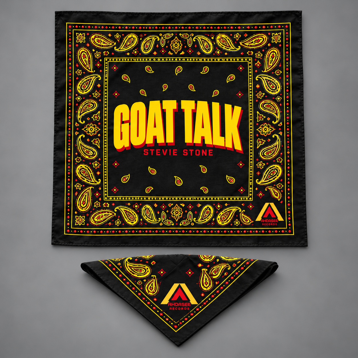 Black GOAT TALK paisley bandana flat and folded
